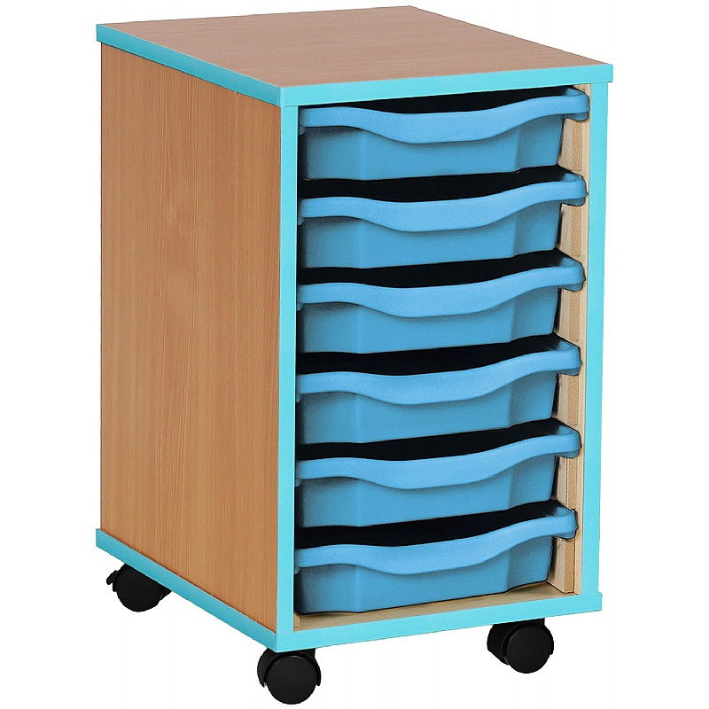 Coloured Edge Mobile 6 Tray Single Storage Beech Cyan