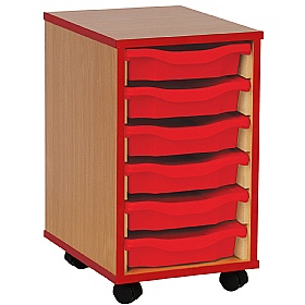 Coloured Edge Mobile 6 Tray Single Storage Beech Red