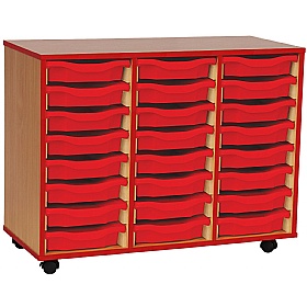 Coloured Edge Mobile 24 Tray Single Storage Beech Red