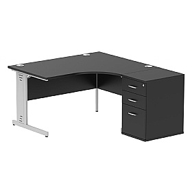 Onyx Black Ergonomic Radial Cable Managed Office Desks with Desk End Drawers