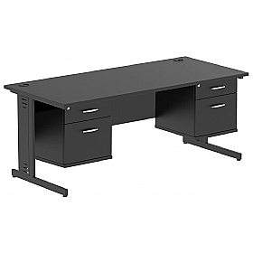 Onyx Black Rectangular Cable Managed Office Desk With Double Fixed Drawers